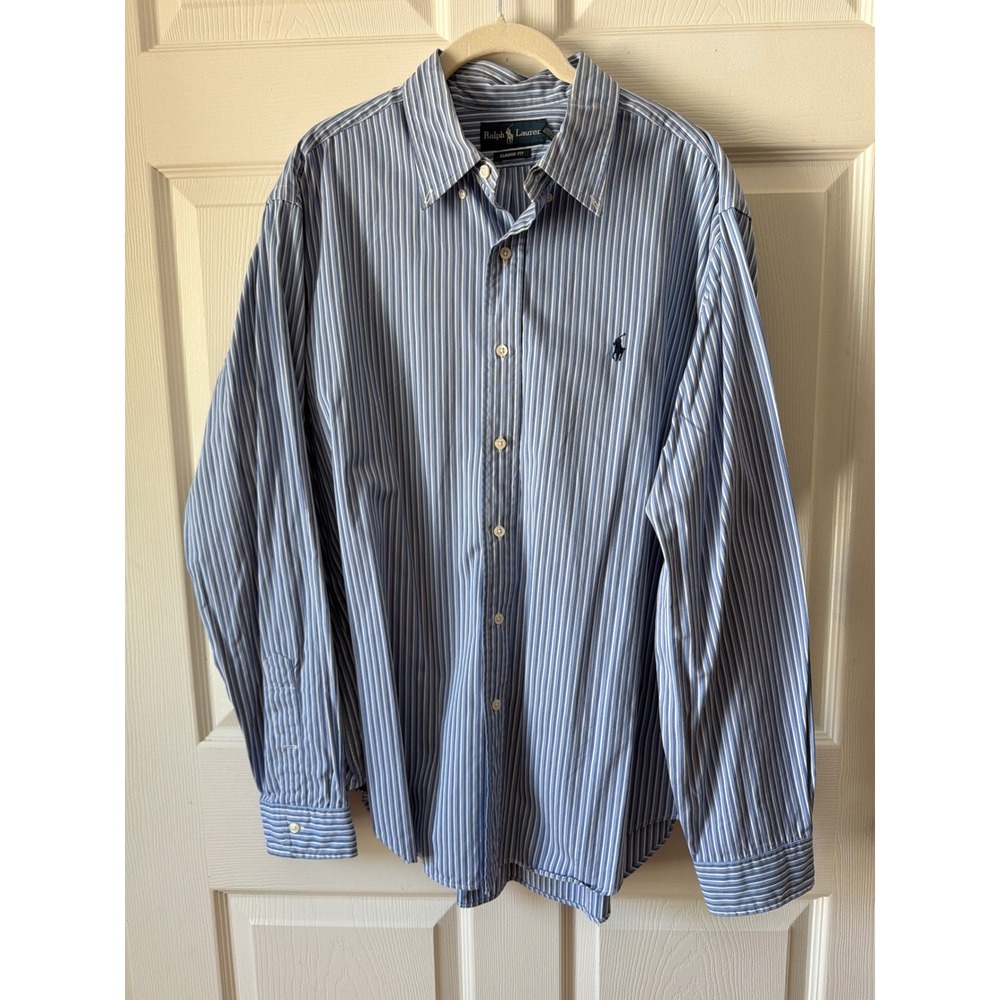 Ralph Lauren Button Down Shirt Mens XL Blue Striped Classic Fit Preppy Office